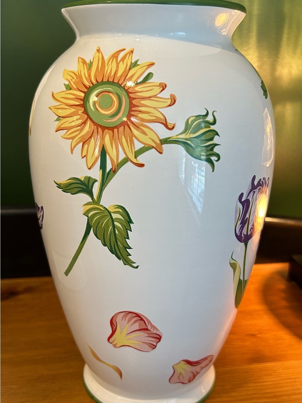 1998 Tiffany & Co. White Ceramic Vase with Yellow Sunflower and Green Leaves.